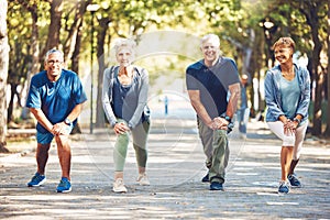 Senior friends, stretching exercise and park with smile, wellness and self care in summer sunshine. Elderly group of