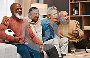 Senior, friends and watching football on tv, relax or drinking beer, bonding or laughing. Comic, funny and happy elderly