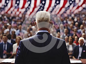 Senior gentleman politician during political speech in front of crowd of supporters in USA election campaign, generative ai