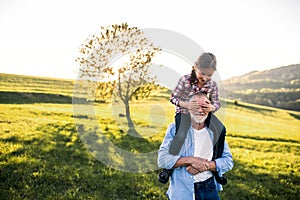 A senior grandfather giving a small granddaughter a piggyback ride in nature.