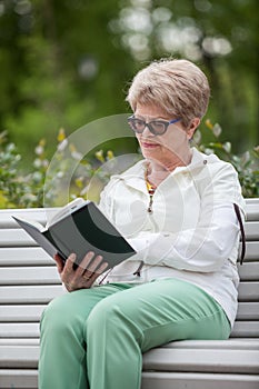 Senior grandmother reading black book while sitting on bench in park