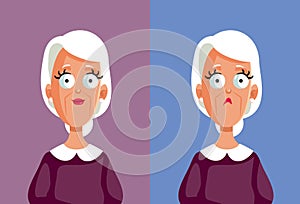 Senior Granny Feeling Both Sad and Happy Vector Cartoon Character