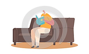 Senior Grey Haired Man in Glasses Sit on Sofa with Book in Hands. Aged Male Character Reading Hobby, Relaxed Sparetime
