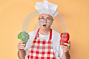 Senior grey-haired man wearing professional cook apron holding broccoli and red pepper in shock face, looking skeptical and