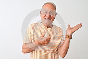 Senior grey-haired man wearing striped t-shirt standing over isolated white background Showing palm hand and doing ok gesture with