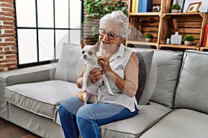 Senior grey-haired woman smiling confident holding chiuahua sitting on sofa at home