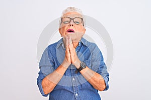 Senior grey-haired woman wearing denim shirt and glasses over isolated white background begging and praying with hands together