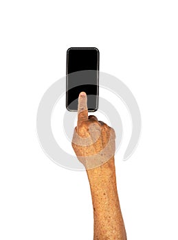 Senior hand clicking on empty black smart phone isolated on white background with clipping path