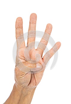 Senior hand counting number 4 four isolate on white background