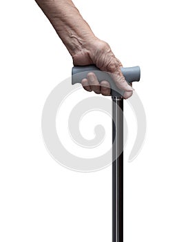 Senior hand holding a walking stick or a cane, isolated on white background. Medical and healthcare concept. Forehand side.