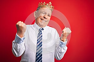Senior handsome businessman wearing king crown standing over isolated red background very happy and excited doing winner gesture