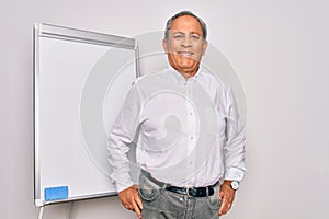Senior handsome grey-haired businessman doing presentation using magnetic board with a happy and cool smile on face