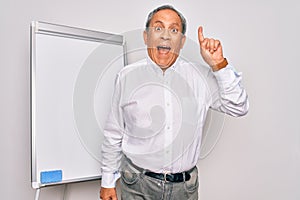 Senior handsome grey-haired businessman doing presentation using magnetic board pointing finger up with successful idea