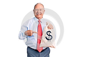 Senior handsome grey-haired man wearing elegant clothes holding money bag smiling happy pointing with hand and finger