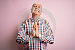 Senior handsome hoary man wearing casual colorful shirt over isolated pink background begging and praying with hands together with