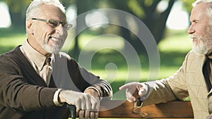 Senior handsome man telling story to friend, resting in park, buddies gossiping