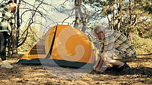 Senior happy couple, man and woman hiking in forest on warm sunny day, spending active time. Standing tent for sleep