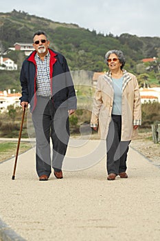 Senior happy couple walking