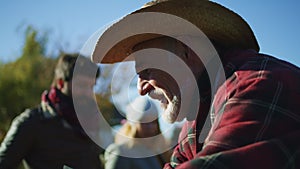 Senior happy farmer selling fruits and vegetables