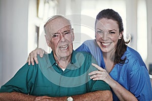 Senior, happy patient and portrait with caregiver in healthcare for support, elderly care or trust together at old age