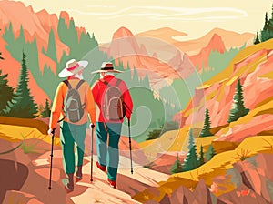 senior happy trekking grandfather elderly couple active hiking walking old. Generative AI.