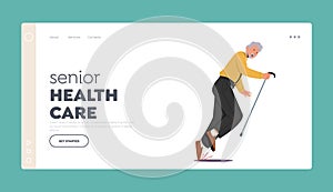 Senior Health Care Landing Page Template. Old Character Stumble on Road Falling Down on the Ground. Aged Man Clumsiness