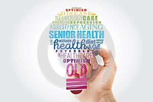 Senior health light bulb word cloud collage, social concept background