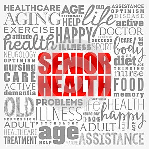 Senior health word cloud collage, social concept background