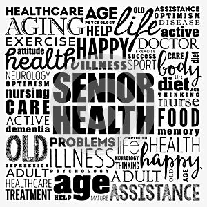 Senior health word cloud collage, social concept background