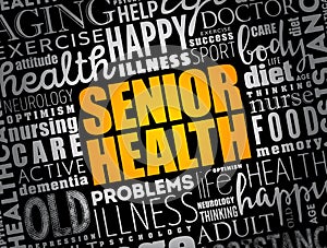 Senior health word cloud collage, social concept background