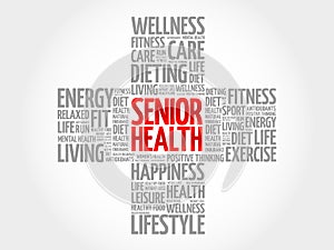 Senior health word cloud, health cross concept