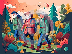 senior hiking happy couple elderly grandfather trekking active old walking. Generative AI.