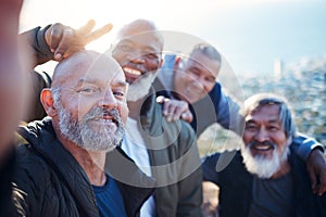 Senior hiking, selfie and nature exercise of elderly men together with peace sign. Friends, trekking adventure and