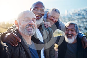 Senior hiking, selfie and nature walk of elderly men smile together in retirement. Friends, trekking adventure and