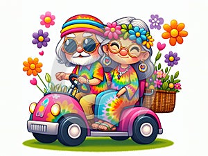 Senior hippy couple in golf cart