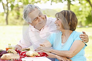 Senior Hispanic Couple Enjoying Picnic In Park