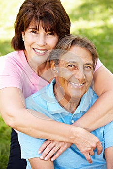 Senior Hispanic couple outdoors