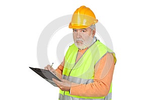 Senior inspector with hoary hair and clipboard photo