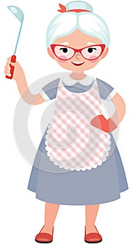 Senior lady cook in full length in an apron and with a ladle