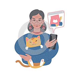 senior lady with a cute cat ordering pet supplies online from smartphone.