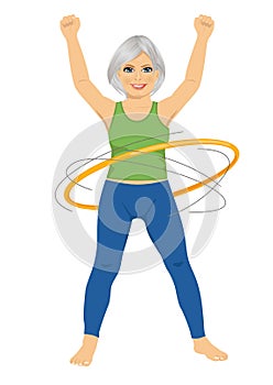 Senior lady doing gymnastic with hula-hoop