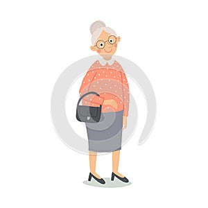 Senior lady with handbag standing. Old person. Cute grandmother with glasses smiling. Elderly, retired people. Cartoon