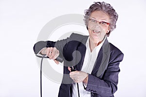 Senior lady with power cable