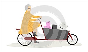 Senior lady riding cargo bicycle bakfiets with her pets cat and dog aboard. Elderly cyclist woman in elegant clothing. photo