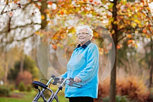 Senior lady with a walker in autumn park