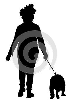 Senior lady walking a dog silhouette illustration isolated on white background. Mature woman outdoor recreation.