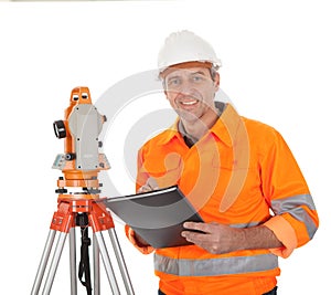 Senior land surveyor with theodolite