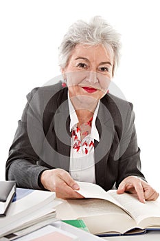 Senior lawyer with books - isolated on white