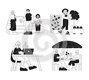 Senior lifestyle black and white cartoon flat illustration set