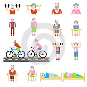 Senior lifestyle flat icons set